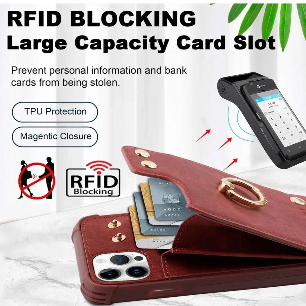 iPhone 15 Pro Wallet Case w/CC Holder,Leather Shockproof Protective Phone Cover